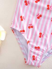 SHEIN Young Girl Cherry Striped Print Decorated One-Piece Swimwear, Beach & Resort Style - Red and White - View 5