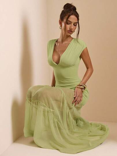 SHEIN BAE Đầm maxi dáng chữ A không tay, cổ chữ V sâu, chất liệu chiffon mỏng, màu xanh bạc hà, đầm thanh lịch, đầm đi nghỉ mát dành cho nữ.
