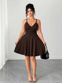 Elenzga Coffee Color Plus Size Sleeveless Bodycon Mini Dress, Minimalist, Suitable For Evening Party, Comfortable Fabric, Spring/Summer/Autumn - Coffee Brown - View 7