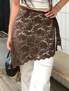 DAZY Falda elegante con textura de encaje y lazo para mujer - Marrón - Ver 2