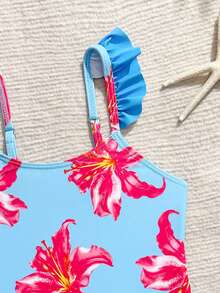 SHEIN Young Girl Floral Print Ruffled One-Piece Swimsuit And Sarong Skirt Set, Summer Beach Vacation - Blue - View 4