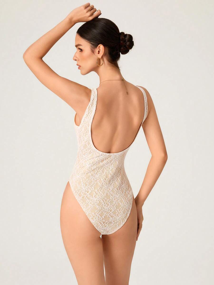 SHEIN BASICS Women's Fashion Lace Sleeveless Backless Bodysuit - White - View 1
