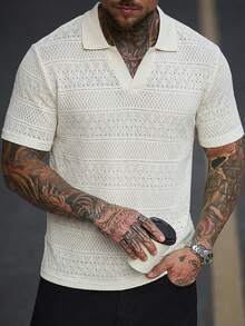 Manfinity Homme Men's Old Moey Short Sleeve Textured Fabric Polo Shirt, Suitable For Outings, Gatherings, And Vacations For Summer - Beige - View 3