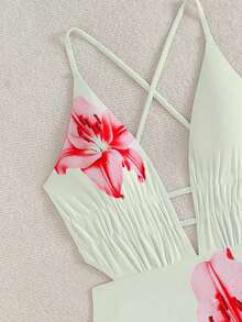 Swim SXY Springbreak Swim Vcay 女士印花深V性感露背交叉绑带连体泳衣，夏季假期 - 米色 - 查看 4