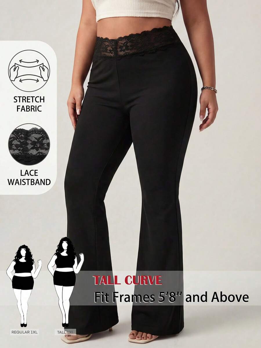 SHEIN Tall CURVE 大码女式撞色蕾丝喇叭裤 - 黑色 - 查看 1