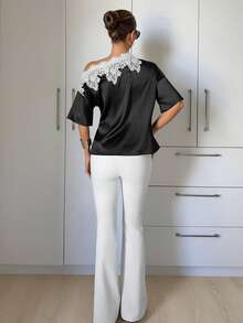 Siren Gaze Women's Contrast Lace Asymmetric Neck Fashion Blouse - Multicolor - View 2
