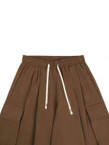 Manfinity Hypemode Pantalones cargo de pierna ancha con cintura con cordón y bolsillo con solapa, de estilo casual y versátil para hombres - Café integral - Ver 4