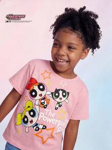 THE POWERPUFF GIRLS X SHEIN Maija Kids Cartoon Pattern Soft Knit Round Neck Short Sleeve Dropped Shoulder Pullover T-Shirt For Young Girls - Pink - View 1