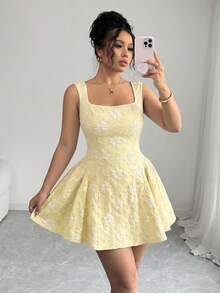 Elenzga Plus Size Women Casual Elegant Square Neck Dress - Yellow - View 4