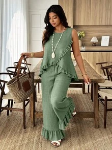Weeklong Conjunto de 2 piezas para mujer talla grande con top suelto sin mangas de cuello redondo con ribete de volantes y pantalones de pierna recta, adecuado para vacaciones y uso diario, primavera/verano - Verde - Ver 3