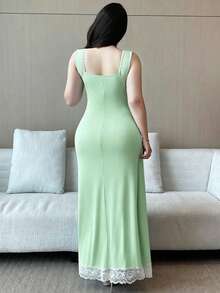 Vibekara Đầm cỡ lớn cổ kim cương, tay áo xếp ly tương phản. - Màu xanh Bạc hà - Xem 2