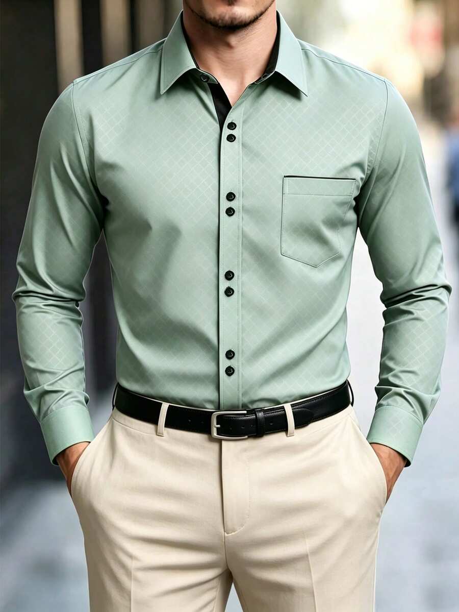 Manfinity Mode Camisa de manga larga con bolsillo y botones delanteros, estilo de negocios para hombres - Verde - Ver 1