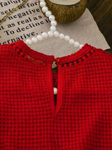 SHEIN LMoss Kids LMoss Young Girl Knitted Solid Color Round Neck Lace Ruffle Trim Fitted T-Shirt - Red - View 3