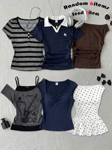 SHEIN [Random 6 Piece, Send 1 Piece]!Surprise Box !!!!30% Chance Of Getting 2 Pieces  Teen Girls Striped Collar Contrast Button Front Short Sleeve Casual Blouse - Multicolor - View 1