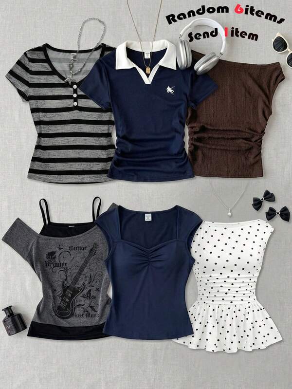  SHEIN [Random 6 Piece, Send 1 Piece]!Surprise Box !!!!30% Chance Of Getting 2 Pieces  Teen Girls Striped Collar Contrast Button Front Short Sleeve Casual Blouse