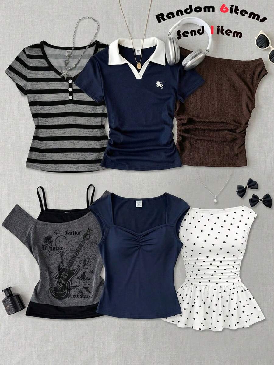 SHEIN [Random 6 Piece, Send 1 Piece]!Surprise Box !!!!30% Chance Of Getting 2 Pieces  Teen Girls Striped Collar Contrast Button Front Short Sleeve Casual Blouse - Multicolor - View 1