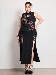 ROMWE J-FASHION 大码女式中国风火焰龙桃花印花背心 - 黑色 - 查看 7
