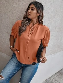 SHEIN Clasi 大尺碼夏季休閒純色泡泡袖襯衫 - 橘色 - 查看 4