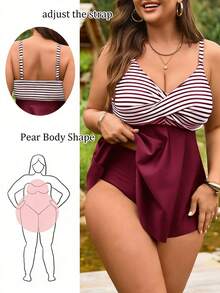 Swim Lushoire Bộ bikini 2 mảnh cỡ lớn dành cho nữ, họa tiết kẻ sọc, gồm áo croptop hai dây và quần bikini cạp cao, thích hợp cho kỳ nghỉ hè ở bãi biển. - Màu Đỏ Sâu - Xem 1