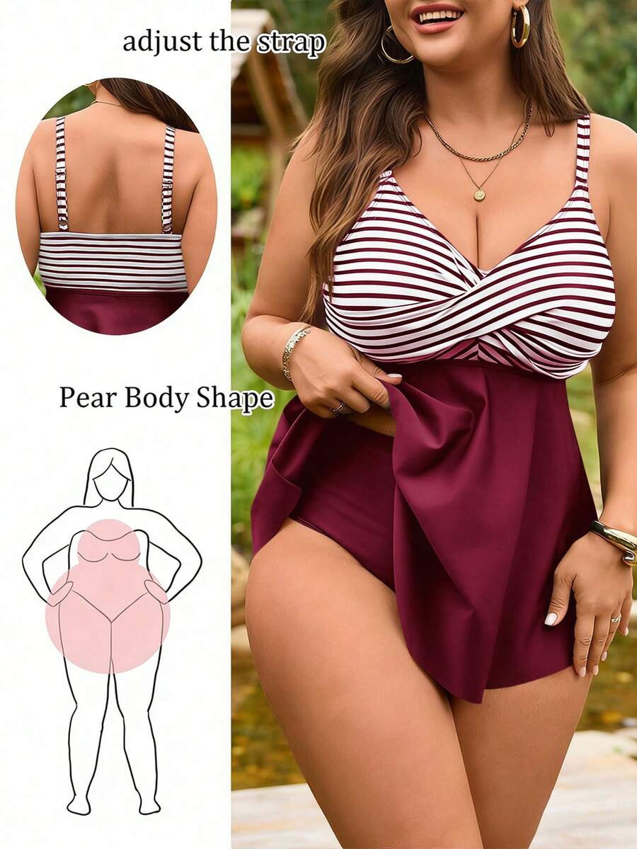 Swim Lushoire Bộ bikini 2 mảnh cỡ lớn dành cho nữ, họa tiết kẻ sọc, gồm áo croptop hai dây và quần bikini cạp cao, thích hợp cho kỳ nghỉ hè ở bãi biển. - Màu Đỏ Sâu - Xem 1