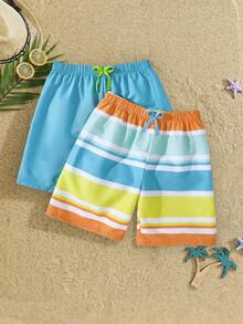 SHEIN Bộ đồ bơi trẻ em 2 món cho bé trai, kiểu dáng thường ngày, kẻ sọc, cạp chun, thích hợp cho mùa hè, đi biển, hoạt động ngoài trời và bơi lội. - Nhiều màu - Xem 3
