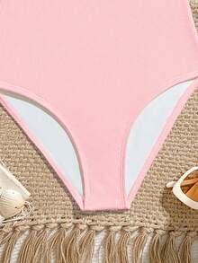SHEIN Áo tắm liền thân cổ bất đối xứng trang trí mặt dây chuyền dành cho bé gái tuổi teen - Màu Hồng baby - Xem 3