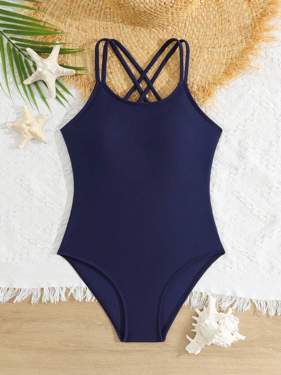 SHEIN Traje de baño de una pieza con tirantes de espagueti y espalda descubierta de unicolor para niñas preadolescentes - Azul Marino - Ver 1