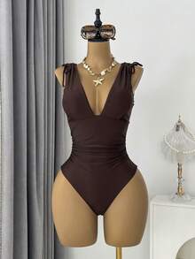 Swim Vcay 1pc Women's Drawstring Backless Deep V-Neck Wireless One-Piece Swimsuit - Coffee Brown - View 2
