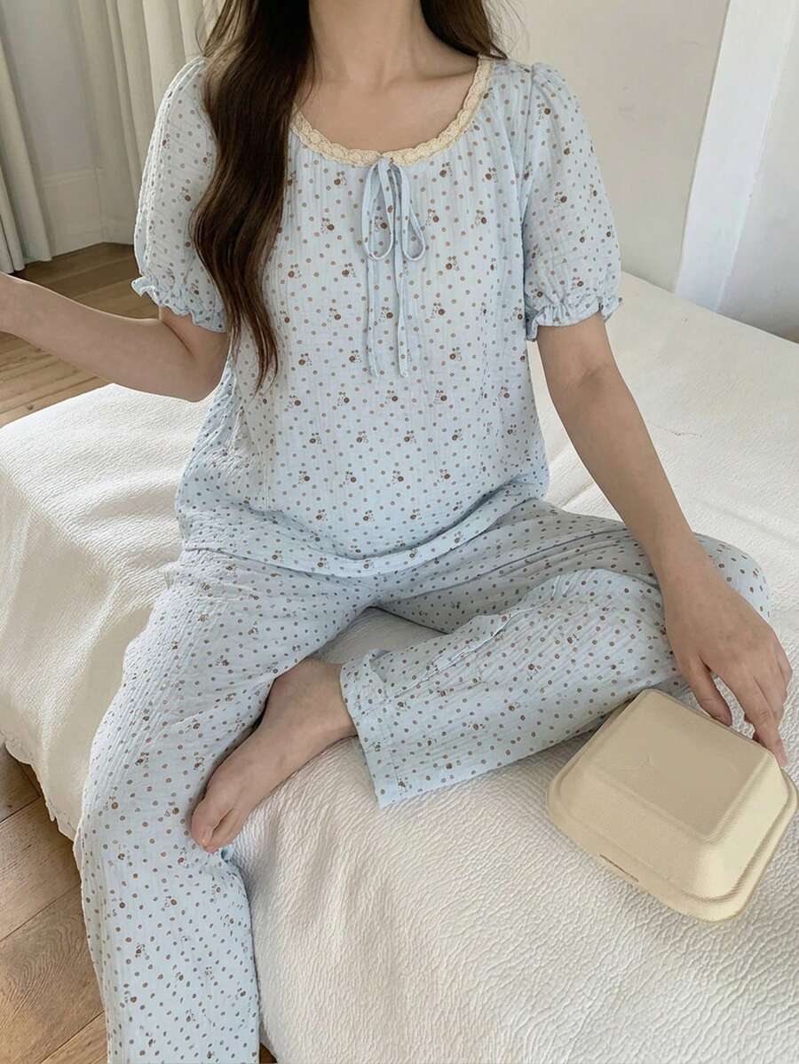 夏季可爱波点兔子印花花瓣袖宽松女式睡衣套装 - 淺藍色 - 查看 1