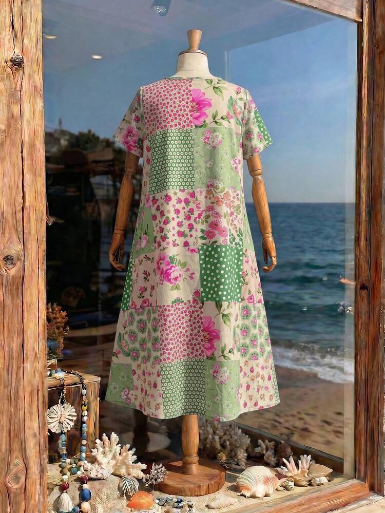 Plus Size Women Floral Print Loose Round Neck Short Sleeve Casual Dress Summer Dress Summer Outfits For Women Spring Clothing Spring Outfit Beach Outfits For Women Vacation Outfits Women Summer Holiday Outfits Country Style For Women Festival Outfits For Women Casual Dresses For Women Country Dress Mothers Day Outfit