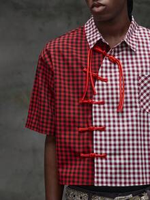 Manfinity RebelGame Men's Contrast Plaid Short Sleeve Button-Down Casual Street Wear Shirt Vacation Red And White Plaid Summer - Red - View 4