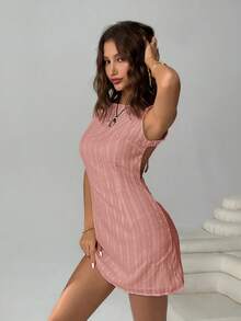SHEIN EZwear Women's Lotus Root Pink Backless Sleeveless Mini Dress - Dusty Pink - View 3