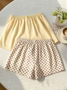 SHEIN Sparklyn Bộ 2 quần short vải lanh kẻ sọc dáng rộng thoải mái cho bé gái tuổi teen, thích hợp cho mùa xuân/hè đi biển, ở nhà và nhiều dịp khác. - Màu vàng - Xem 2