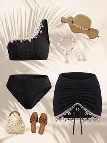 Swim Oasis Women's Summer New Beach Swim Fashion Vacation Exquisite High-End Elegant Textured Fabric Ocean Shell Woven Strap Pendant Decor Bandeau Asymmetrical Neck Bikini With Drawstring Adjustable Skirt 3-Piece Swimwear Set Suitable For Beach Vacation Swimming - Black - View 2