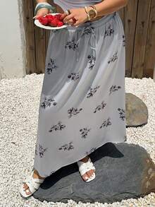 Dazy Plus Falda larga de línea A con cordón en la cintura, estampado floral diminuto, elegante talla grande para primavera/verano - Gris - Ver 6