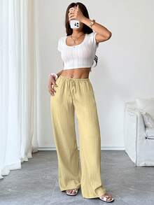 SHEIN PETITE Pantalones casuales de unicolor para mujer - Amarillo - Ver 3