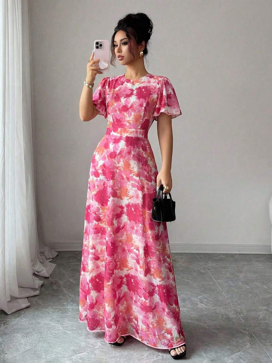 Elenzga Vestido elegante y romántico para mujer con cuello redondo, mangas con volantes y cintura ceñida, con estampado digital - Multicolor - Ver 1