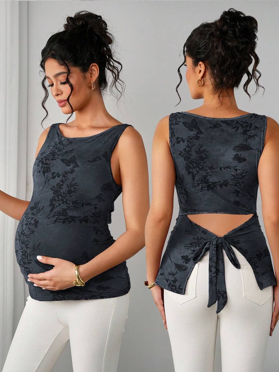 Áo tank top bầu không tay ôm sát, in họa tiết, thanh lịch dành cho phụ nữ. - Màu xanh hải quân - Xem 1