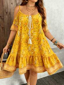 Breezaya Plus Size Floral Print Off-Shoulder Casual Dress - Yellow - View 6