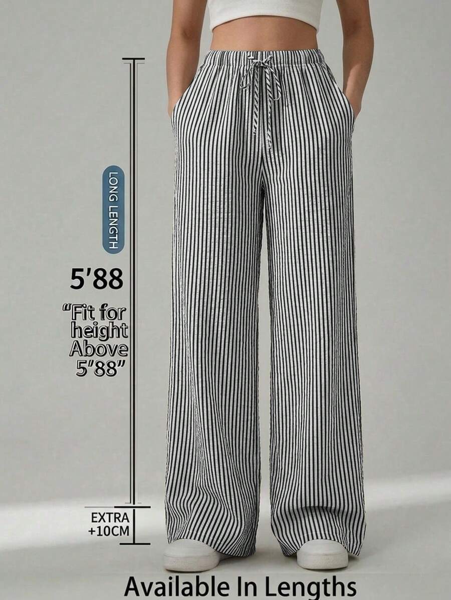 SHEIN Tall CURVE 大码休闲条纹直筒裤 - 黑與白 - 查看 1