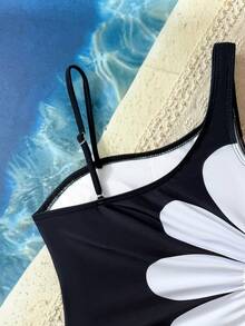 SHEIN 女童休闲连体泳衣，侧边镂空花卉设计，大码 - 黑與白 - 查看 5
