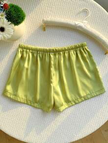Comfortcana Quần short nữ mùa hè, màu trơn, kiểu dáng thường ngày, cạp chun, chất liệu vải lanh. - màu xanh lá - Xem 2