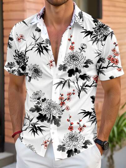 Solurane Chinese Style Ink Painting Chrysanthemum Floral Pattern Casual Allover Print Men's Slim Fit Short Sleeve Shirt