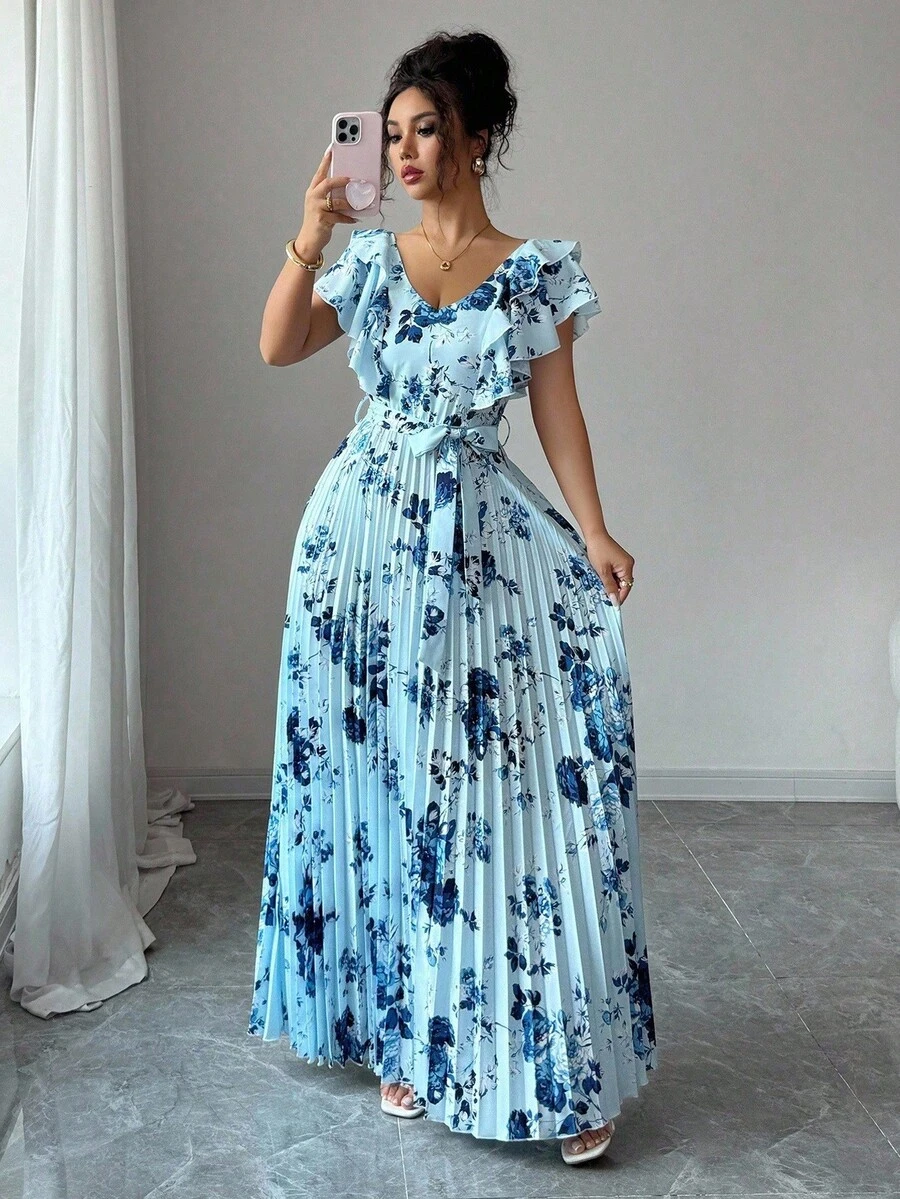 Elenzga Đầm nữ thanh lịch, lãng mạn, cổ chữ V, in kỹ thuật số, kiểu dáng nghỉ dưỡng, eo bèo nhún. - Nhiều màu - Xem 1