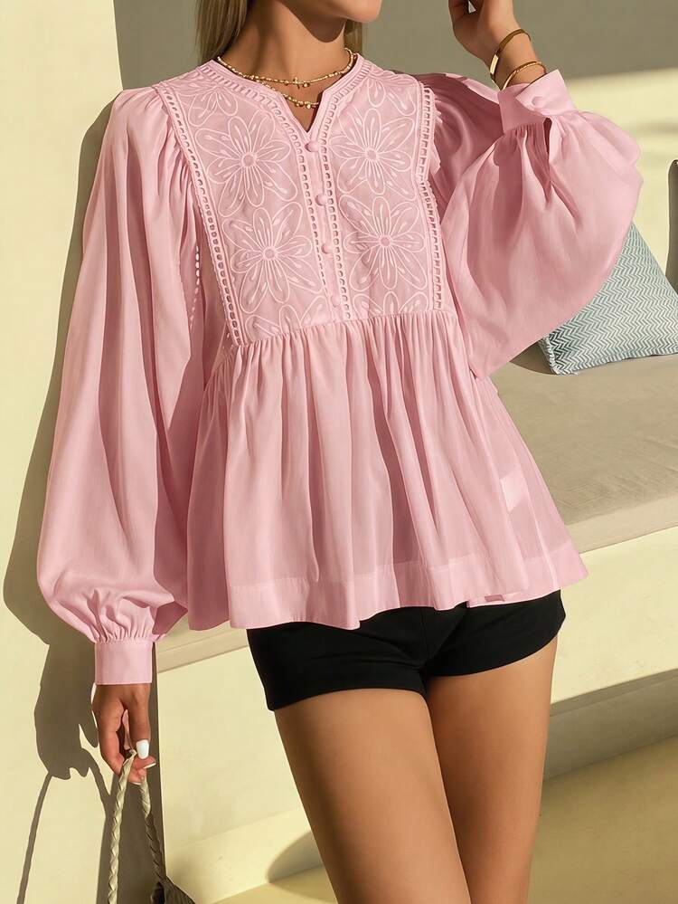 Women's Casual Embroidered Patchwork Lantern Sleeve Loose Blouse For Summer Holiday