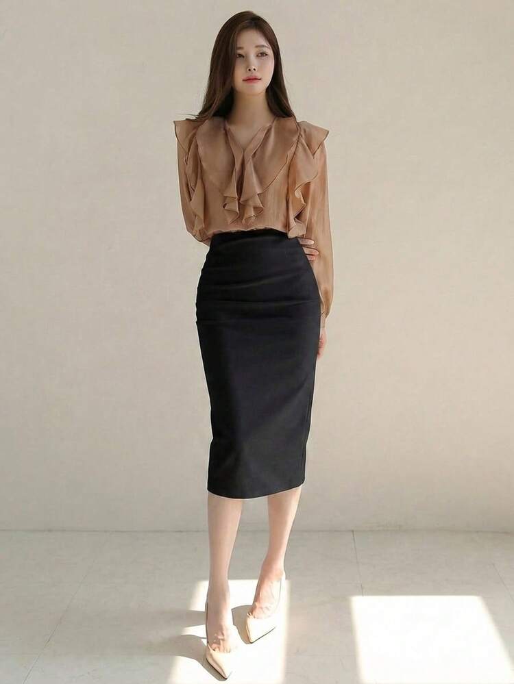 Women's Solid Color Bodycon Pencil Skirt, Elegant