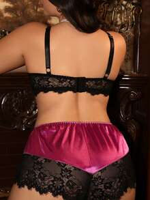Divavoom 2pcs Plus Size Sexy Series Taffeta & Lace Contrast Color Padded Bra Set - Multicolor - View 2