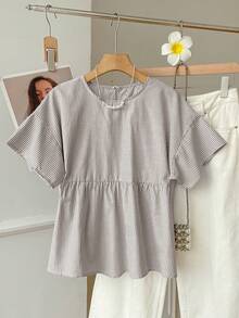 SHEIN EZwear 女士时尚圆领条纹梭织衬衫，日常百搭 - 咖啡棕 - 查看 7