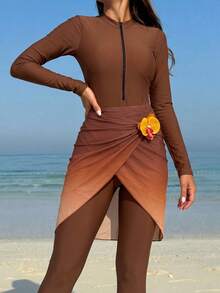 Swim Shayni Elegant Modest Mature Fashionable Middle Eastern Ombre Print Cover Up Long Sleeve Pants 3-Piece Swimwear Set For Women Summer Beach Chocolate Brown - Multicolor - View 4