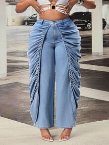 Slaydiva Plus Size Women High Waist Distressed Wide Leg Loose Fit Jeans With Big Pockets - Blue - View 4
